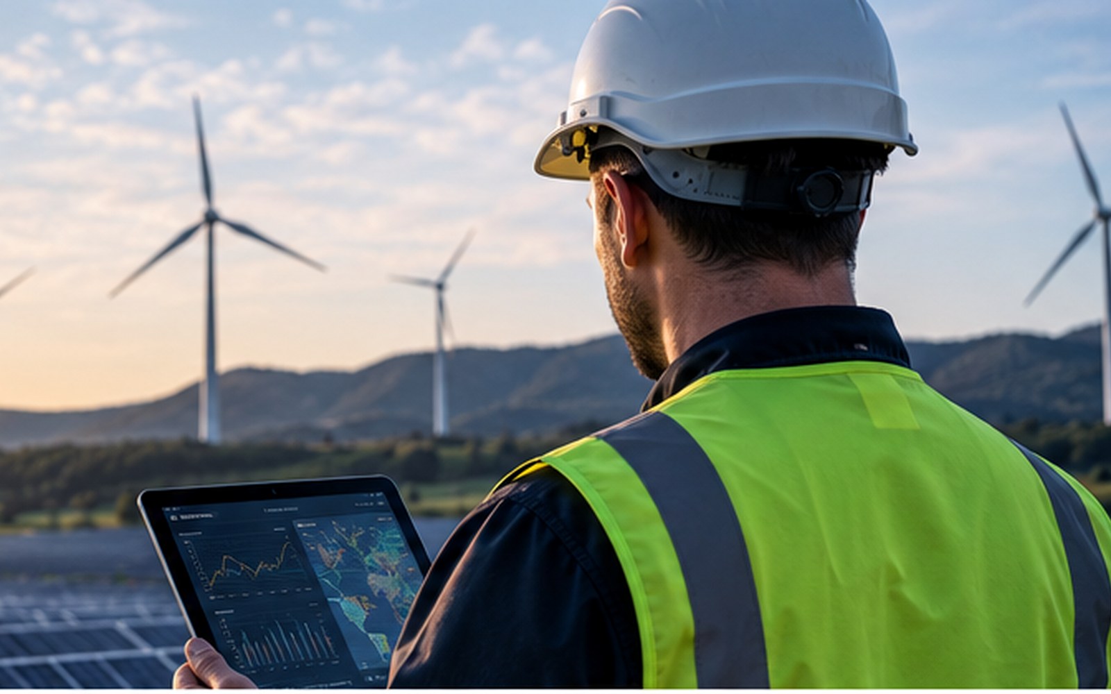 Field technician working with a tablet in an industrial environment
